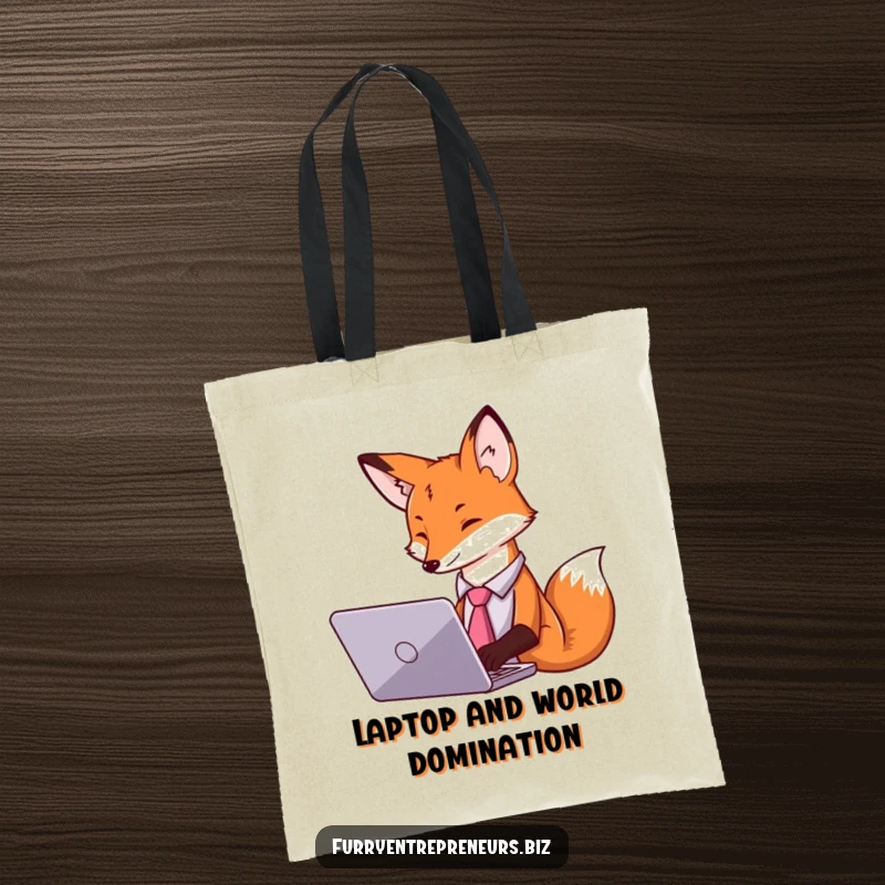Funny tote bag with a fox in a tie typing on a laptop, ideal for carrying work essentials.