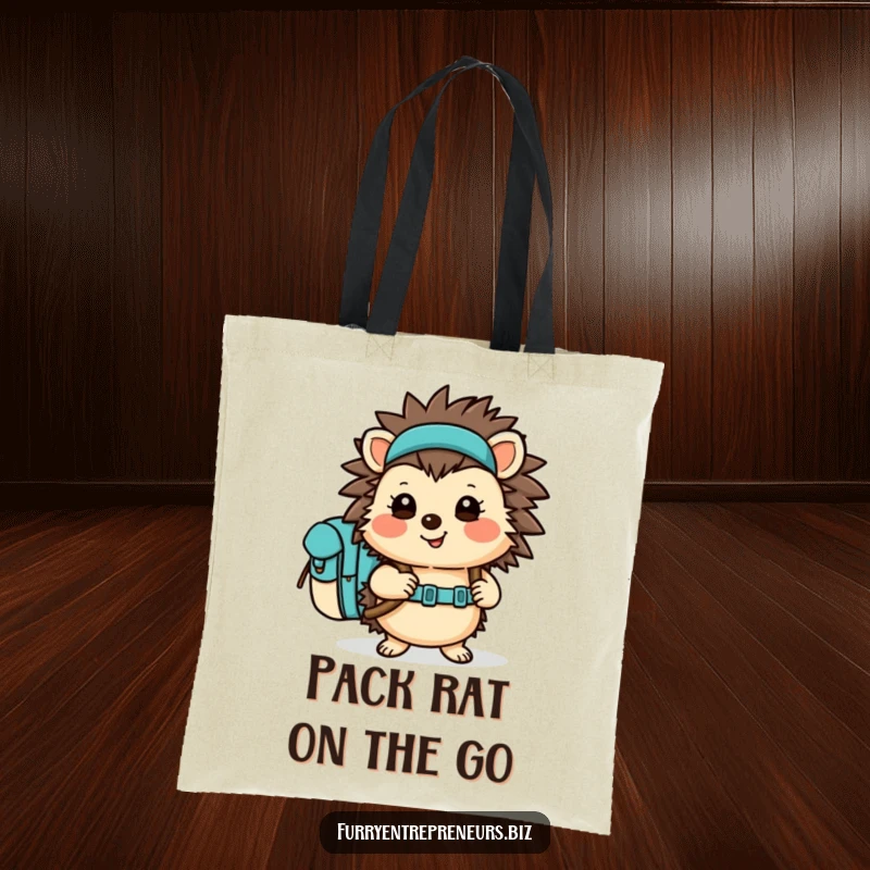 Funny Hedgehog Tote Bag featuring a cheerful character with a backpack, ready for a hiking trip. Durable and stylish tote.