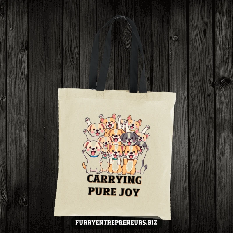 Funny tote bag depicting a group of various kawaii dogs cheering with their paws raised in the air, full of joy.