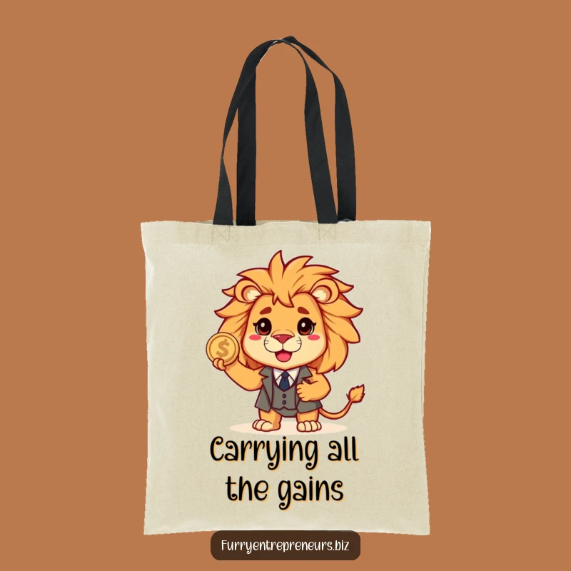 Funny Lion Suit Tote Bag: Brave Business Beast Holding Coin, Perfect Shopping Gift!