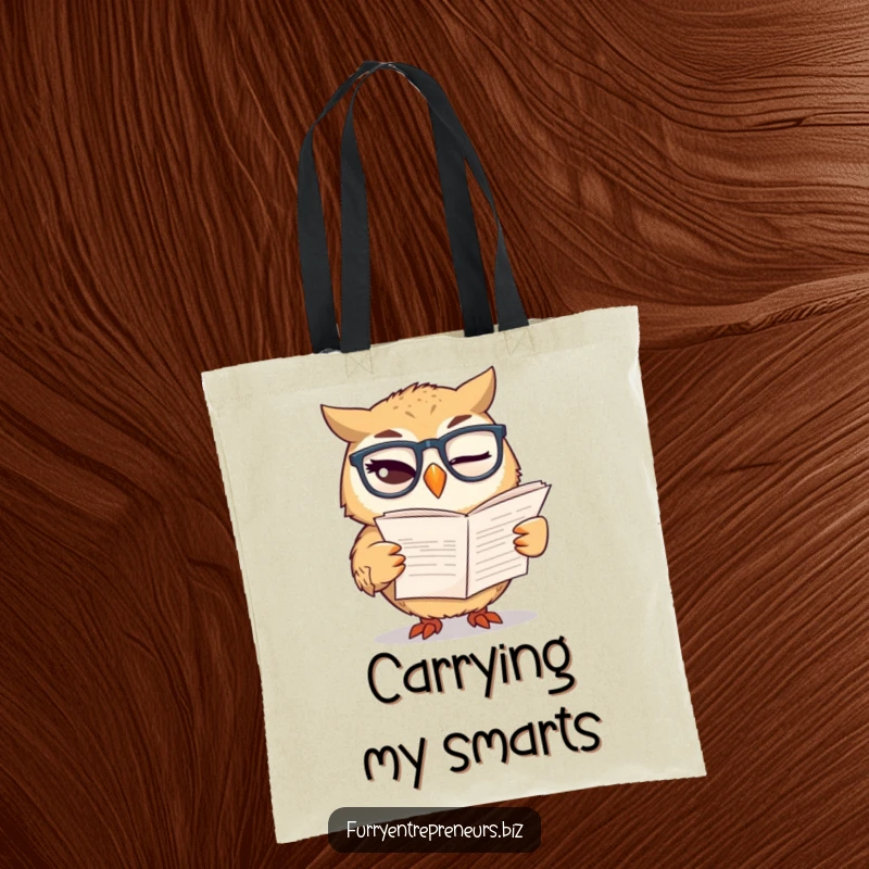 Funny tote bag featuring a winking owl wearing glasses, reading a financial report, perfect for carrying essentials.