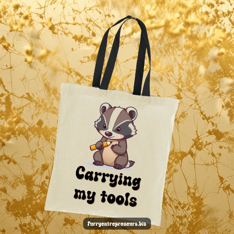 Funny tote bag featuring a determined badger character sharpening a tiny pencil, perfect for carrying essentials with a humorous, focused vibe.