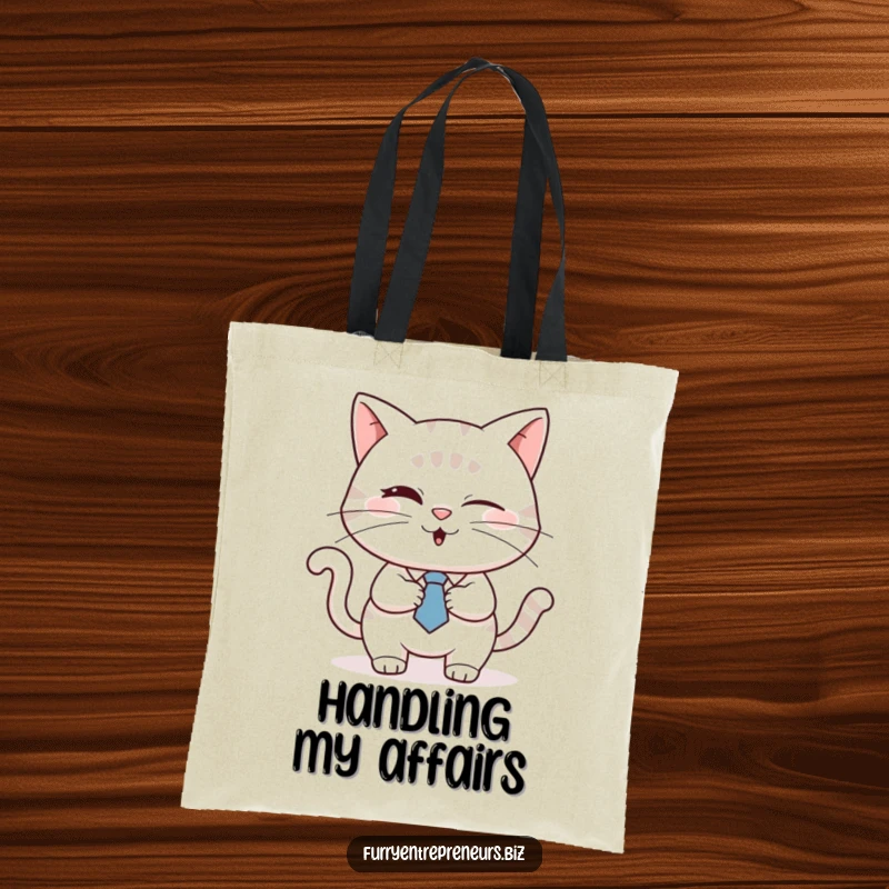 Funny cat in a tie winking and shaking hands, on a durable tote bag, perfect for carrying business essentials, a funny gift.