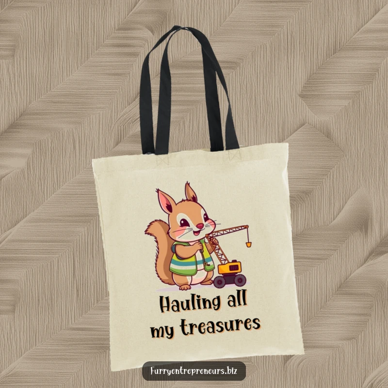 Funny Squirrel Crane Operator Tote Bag: A squirrel wearing a construction vest operates a small crane, great for carrying items with a touch of industrial humor.