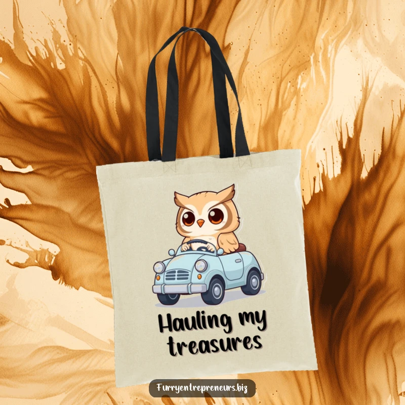 Funny tote bag featuring a cute owl character driving a miniature toy car, great for carrying essentials with charming, animal-inspired humor.