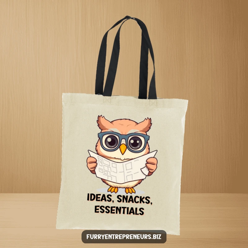 Funny owl with glasses, sketching a detailed blueprint, presented on a practical tote bag for carrying creative essentials.