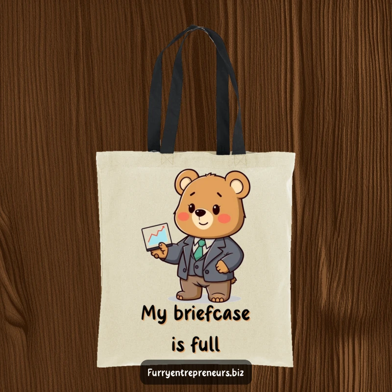 Funny bear tote bag, in a small business suit, confidently presenting a sales graph.