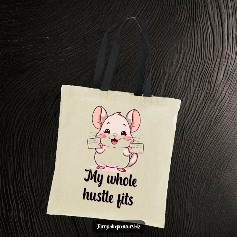 Funny Chinchilla tote bag depicting a cheerful character successfully distributing business cards, a humorous accessory.