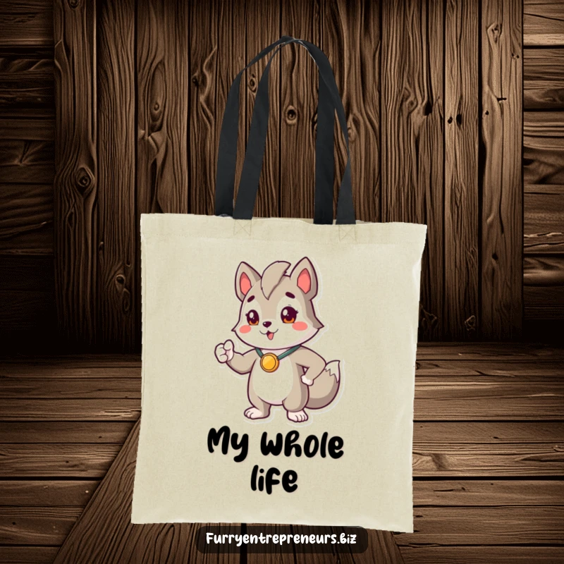 Funny tote bag with a proud animal character wearing a tiny medal, striking a heroic pose, ready for adventure.